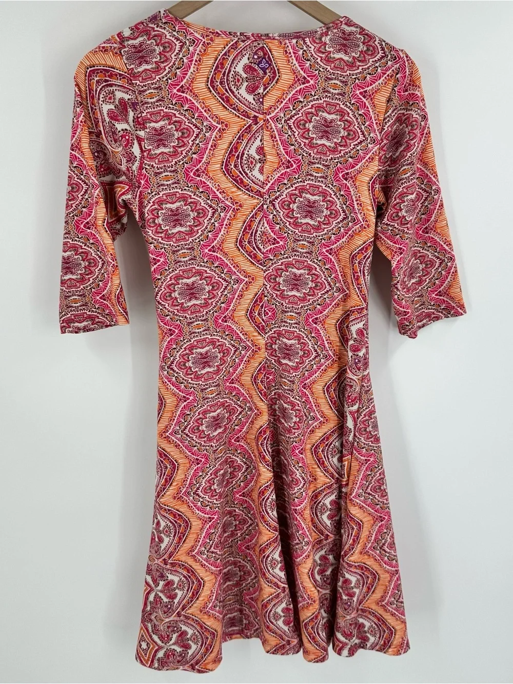 Prana Nadia Faux Wrap Dress Medium V-Neck Orange Pink Pocket Stretch Boho Casual